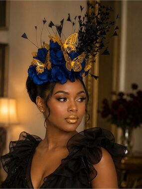 Blue Floral Fascinator with Yellow Butterflies and Black Feather Accent